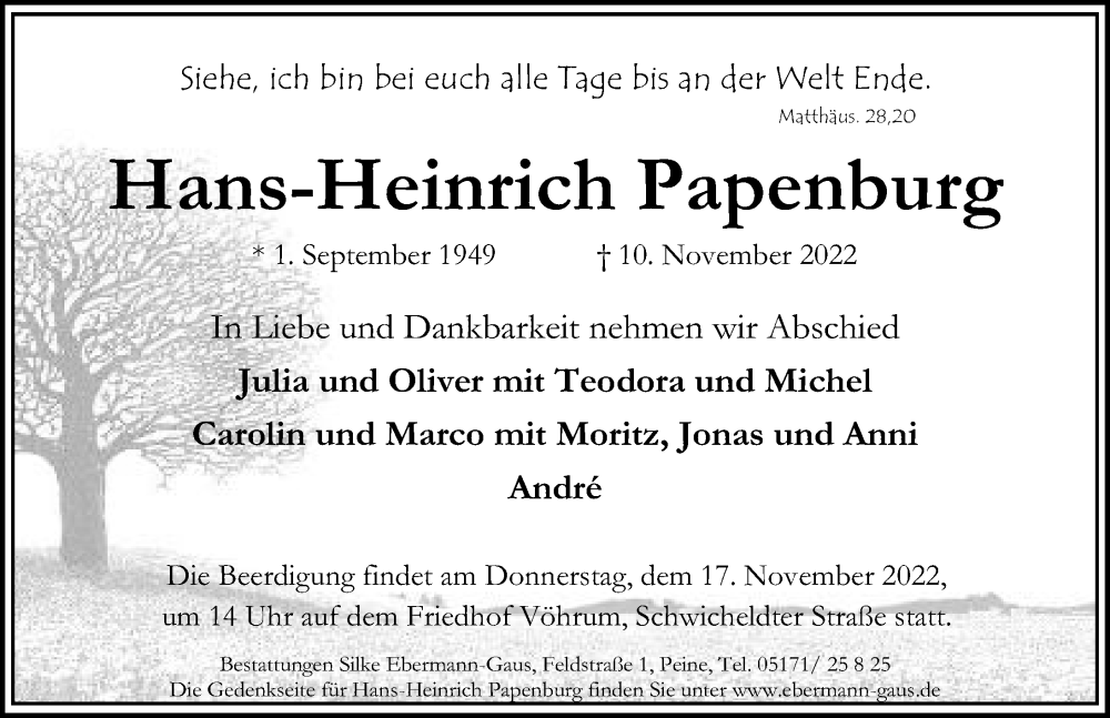  Traueranzeige für Hans-Heinrich Papenburg vom 15.11.2022 aus Peiner Allgemeine Zeitung