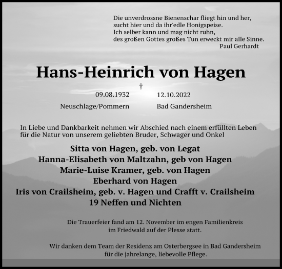 Traueranzeige von Hans-Heinrich von Hagen von Göttinger Tageblatt