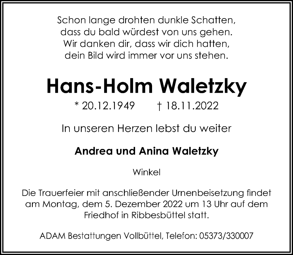  Traueranzeige für Hans-Holm Waletzky vom 26.11.2022 aus Aller Zeitung