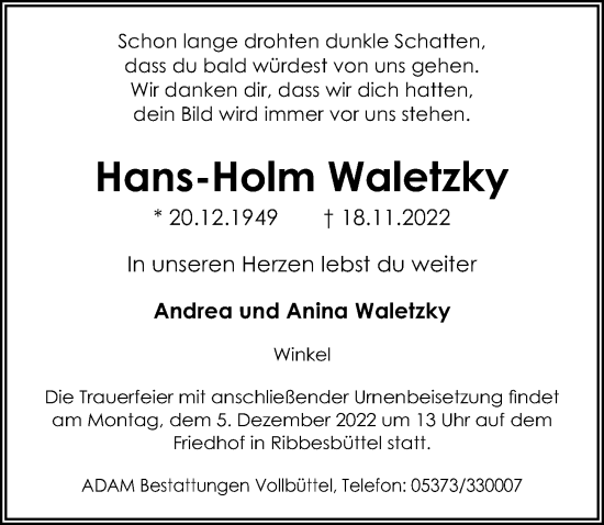 Traueranzeige von Hans-Holm Waletzky von Aller Zeitung