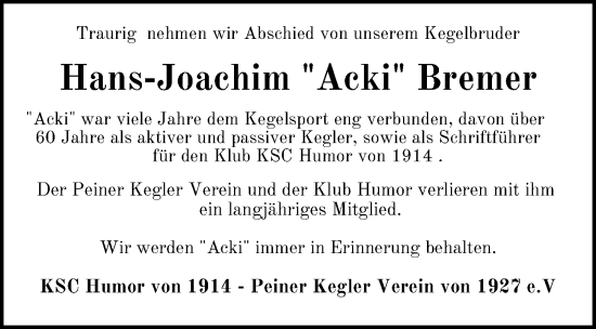 Traueranzeige von Hans-Joachim  Bremer von Peiner Allgemeine Zeitung