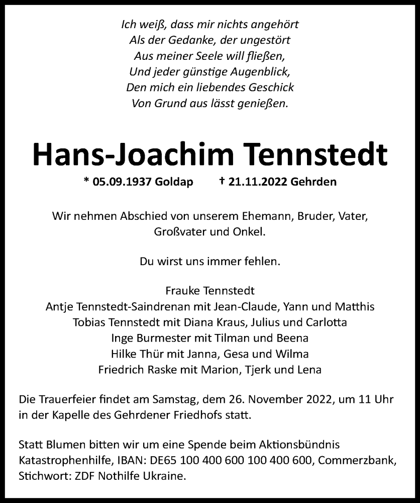  Traueranzeige für Hans-Joachim Tennstedt vom 23.11.2022 aus Hannoversche Allgemeine Zeitung/Neue Presse