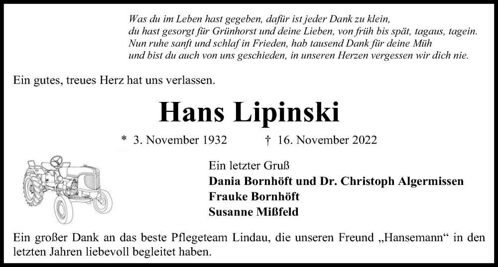  Traueranzeige für Hans Lipinski vom 19.11.2022 aus Kieler Nachrichten