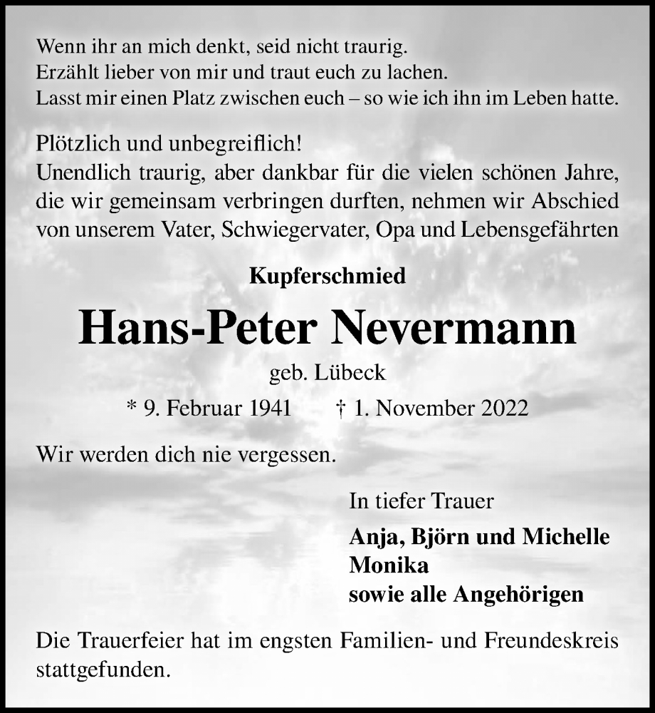  Traueranzeige für Hans-Peter Nevermann vom 20.11.2022 aus Lübecker Nachrichten