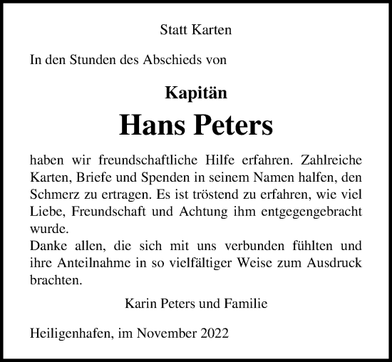Traueranzeige von Hans Peters von Lübecker Nachrichten
