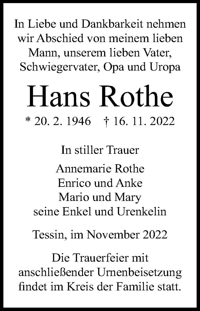  Traueranzeige für Hans Rothe vom 19.11.2022 aus Ostsee-Zeitung GmbH