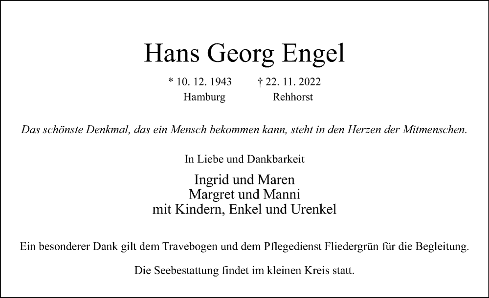  Traueranzeige für Hans Georg Engel vom 26.11.2022 aus Lübecker Nachrichten