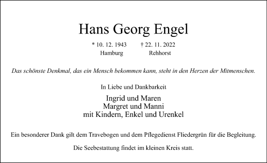 Traueranzeige von Hans Georg Engel von Lübecker Nachrichten