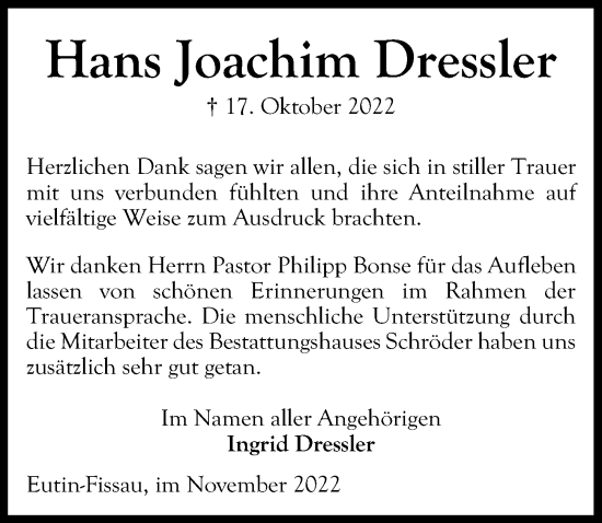 Traueranzeige von Hans Joachim Dressler von Lübecker Nachrichten