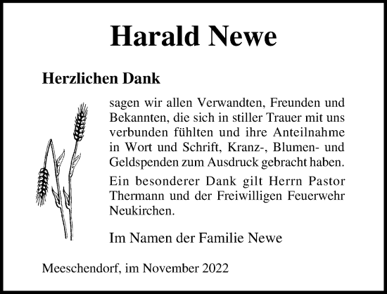 Traueranzeige von Harald Newe von Lübecker Nachrichten