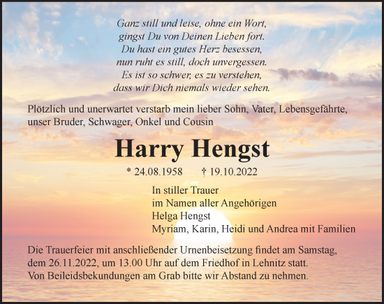 Traueranzeige von Harry Hengst von Märkischen Allgemeine Zeitung