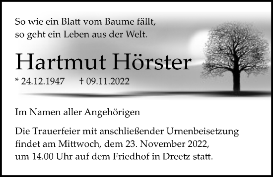 Traueranzeige von Hartmut Hörster von Märkischen Allgemeine Zeitung