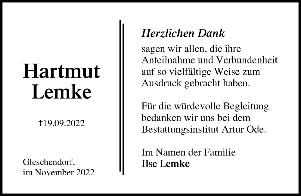  Traueranzeige für Hartmut Lemke vom 06.11.2022 aus Lübecker Nachrichten