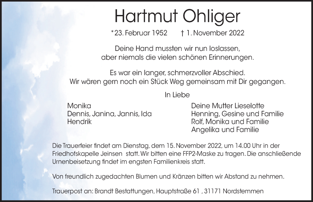  Traueranzeige für Hartmut Ohliger vom 05.11.2022 aus Hannoversche Allgemeine Zeitung/Neue Presse