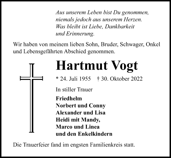 Traueranzeige von Hartmut Vogt von Lübecker Nachrichten