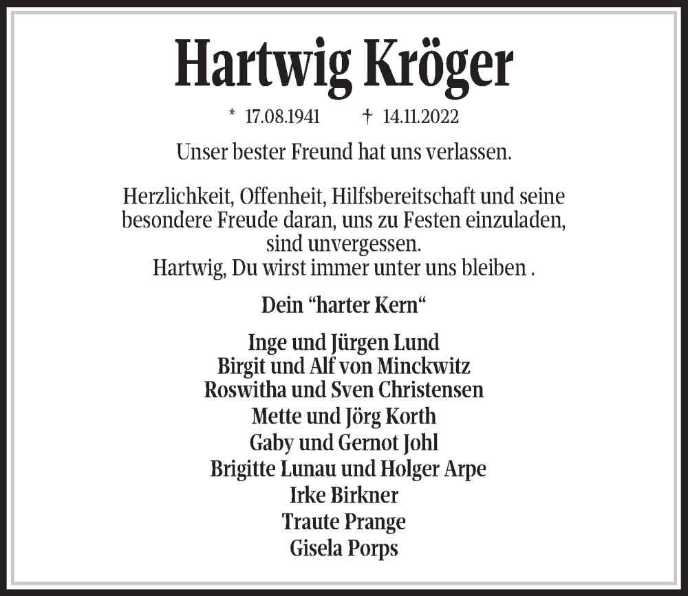  Traueranzeige für Hartwig Kröger vom 19.11.2022 aus Kieler Nachrichten