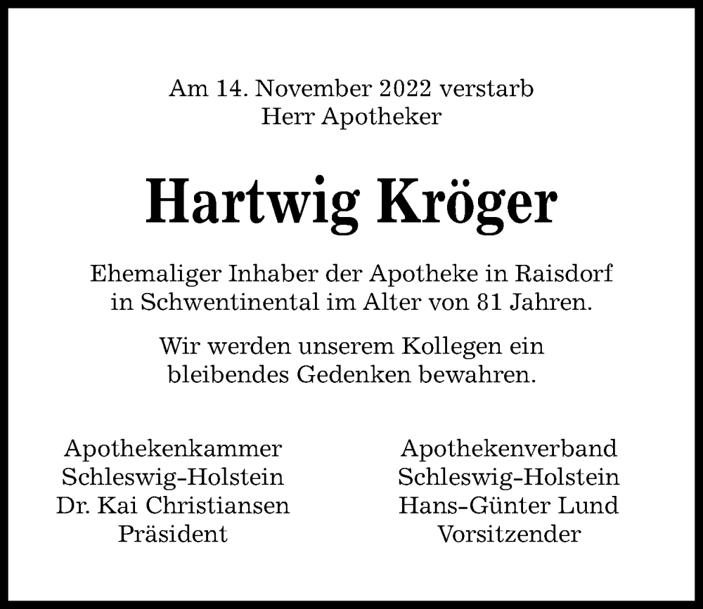 Traueranzeige für Hartwig Kröger vom 26.11.2022 aus Kieler Nachrichten