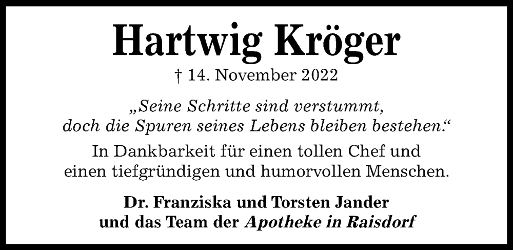  Traueranzeige für Hartwig Kröger vom 19.11.2022 aus Kieler Nachrichten