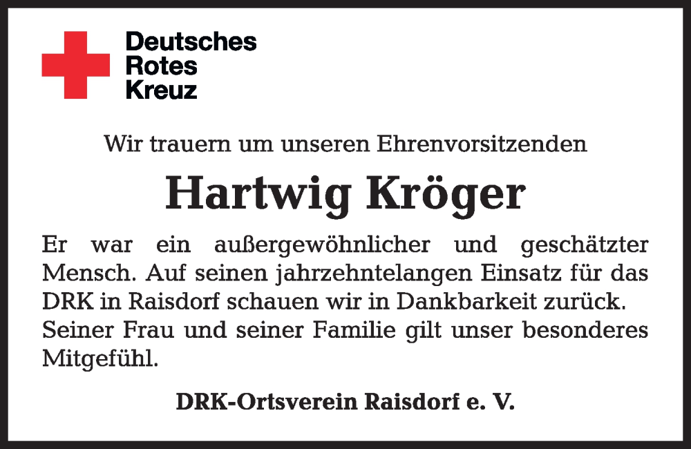  Traueranzeige für Hartwig Kröger vom 26.11.2022 aus Kieler Nachrichten