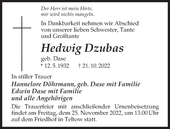 Traueranzeige von Hedwig Dzubas von Märkischen Allgemeine Zeitung