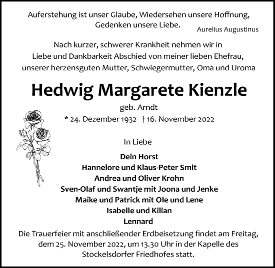 Traueranzeige von Hedwig Margarete Kienzle von Lübecker Nachrichten