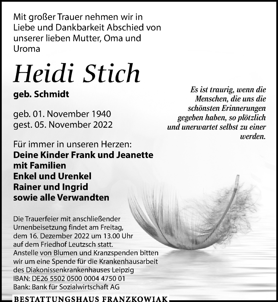  Traueranzeige für Heidi Stich vom 26.11.2022 aus Leipziger Volkszeitung