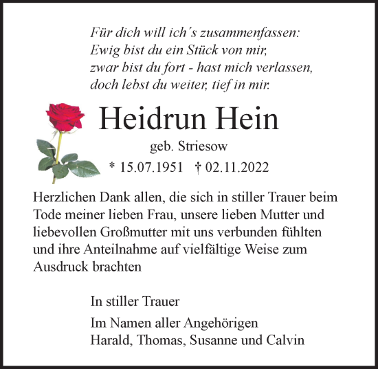 Traueranzeige von Heidrun Hein von Ostsee-Zeitung GmbH