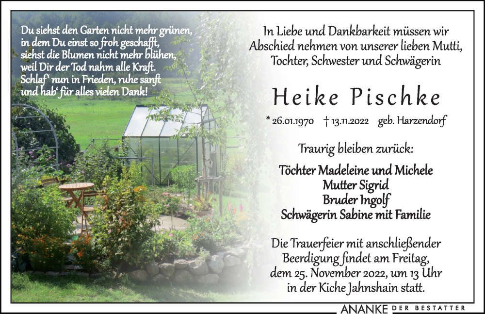  Traueranzeige für Heike Pischke vom 19.11.2022 aus Leipziger Volkszeitung