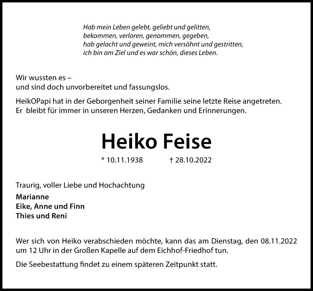  Traueranzeige für Heiko Feise vom 05.11.2022 aus Kieler Nachrichten