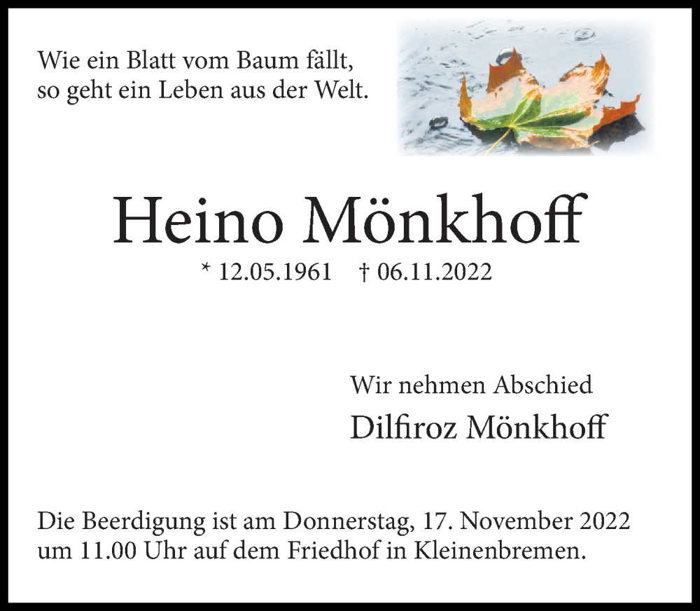  Traueranzeige für Heino Mönkhoff vom 17.11.2022 aus Schaumburger Nachrichten