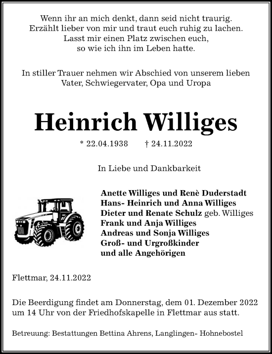 Traueranzeige von Heinrich Williges von Aller Zeitung
