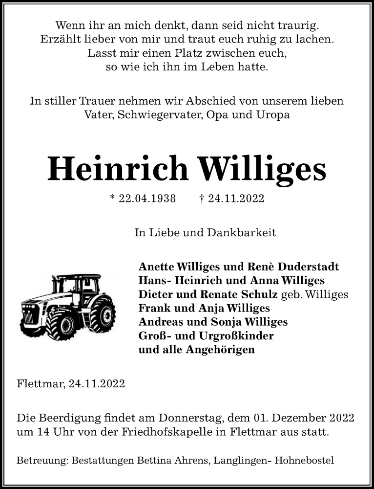  Traueranzeige für Heinrich Williges vom 29.11.2022 aus Aller Zeitung