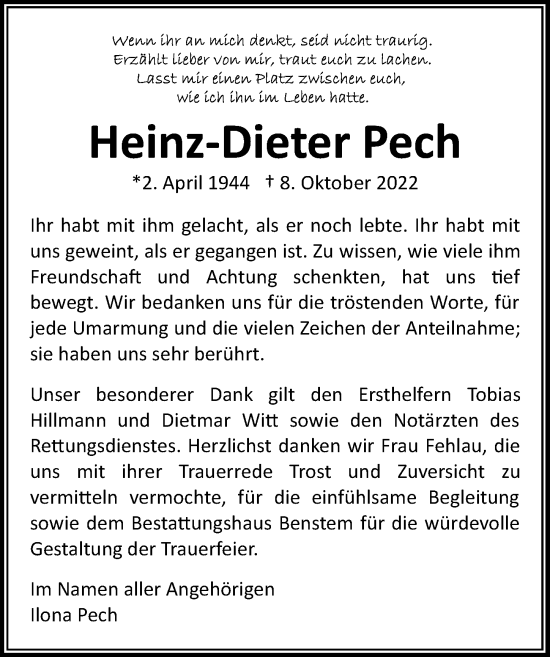 Traueranzeige von Heinz-Dieter Pech von Göttinger Tageblatt