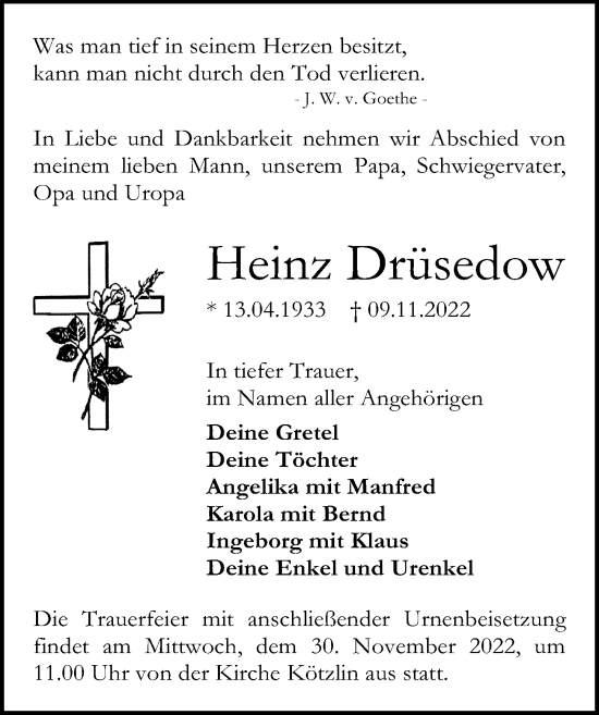 Traueranzeige von Heinz Drüsedow von Märkischen Allgemeine Zeitung