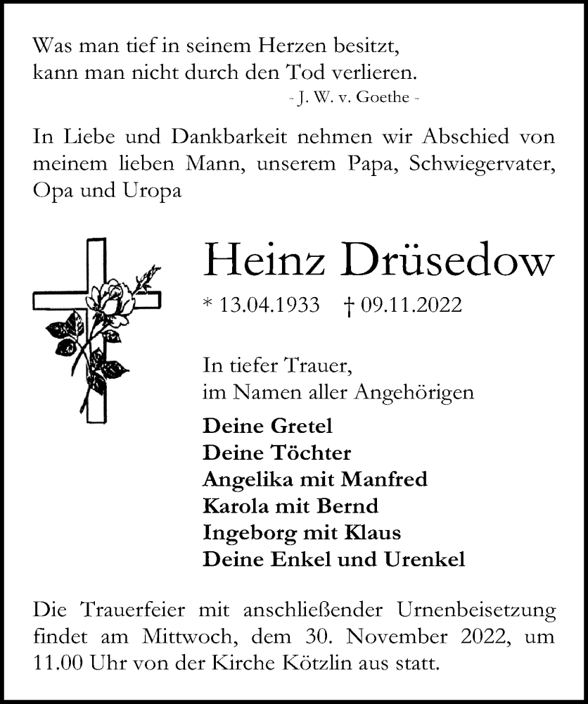  Traueranzeige für Heinz Drüsedow vom 19.11.2022 aus Märkischen Allgemeine Zeitung