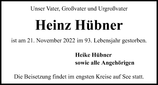 Traueranzeige von Heinz Hübner von Kieler Nachrichten