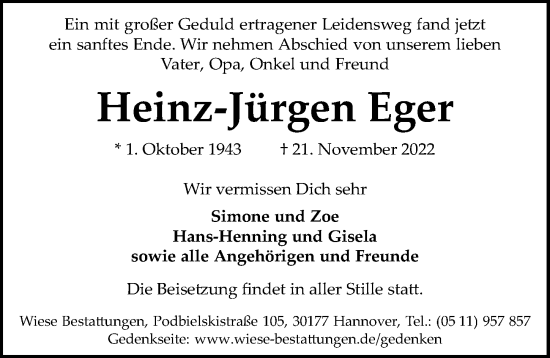 Traueranzeige von Heinz-Jürgen Eger von Hannoversche Allgemeine Zeitung/Neue Presse