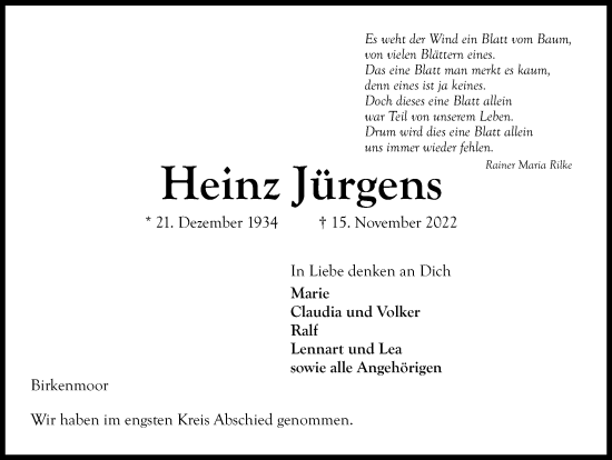 Traueranzeige von Heinz Jürgens von Kieler Nachrichten