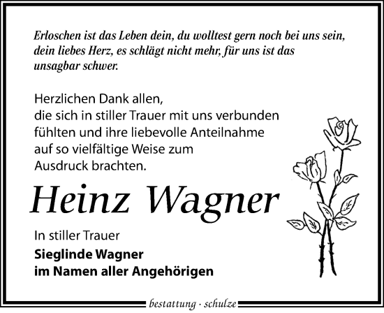 Traueranzeige von Heinz Wagner von Leipziger Volkszeitung