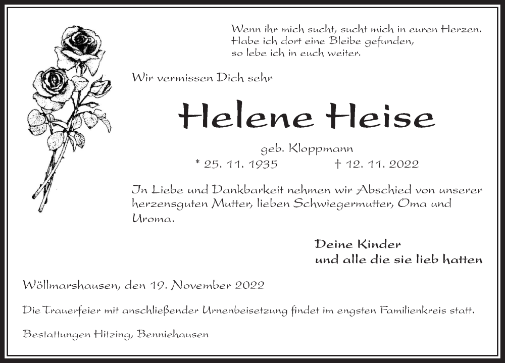  Traueranzeige für Helene Heise vom 19.11.2022 aus Göttinger Tageblatt