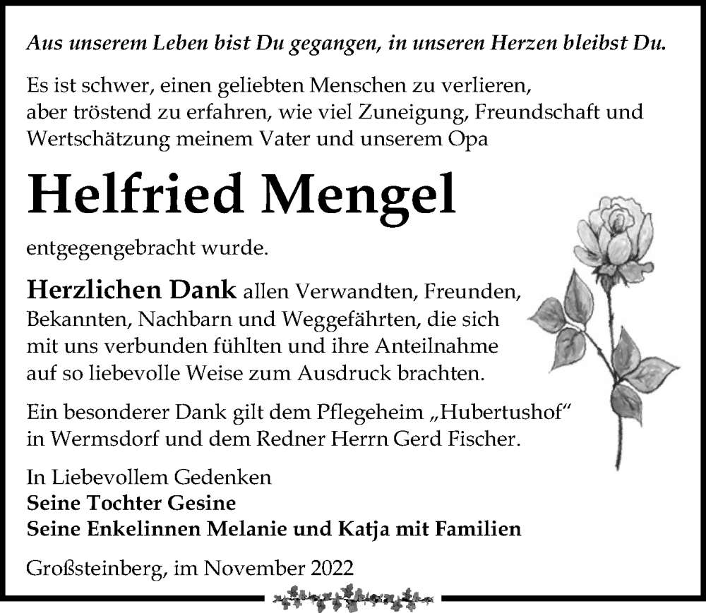  Traueranzeige für Helfried Mengel vom 26.11.2022 aus Leipziger Volkszeitung