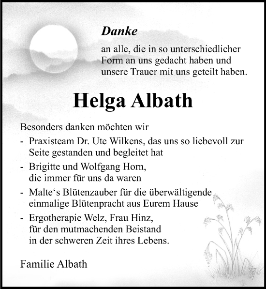 Traueranzeige von Helga Albath von Ostsee-Zeitung GmbH