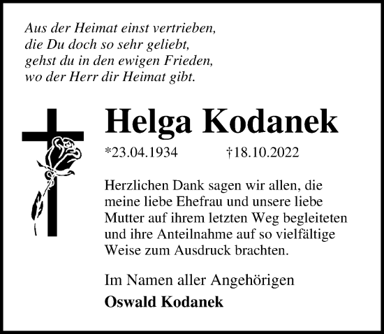 Traueranzeige von Helga Kodanek von Ostsee-Zeitung GmbH