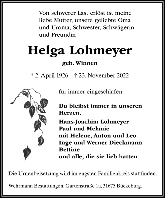 Traueranzeige von Helga Lohmeyer von Schaumburger Nachrichten