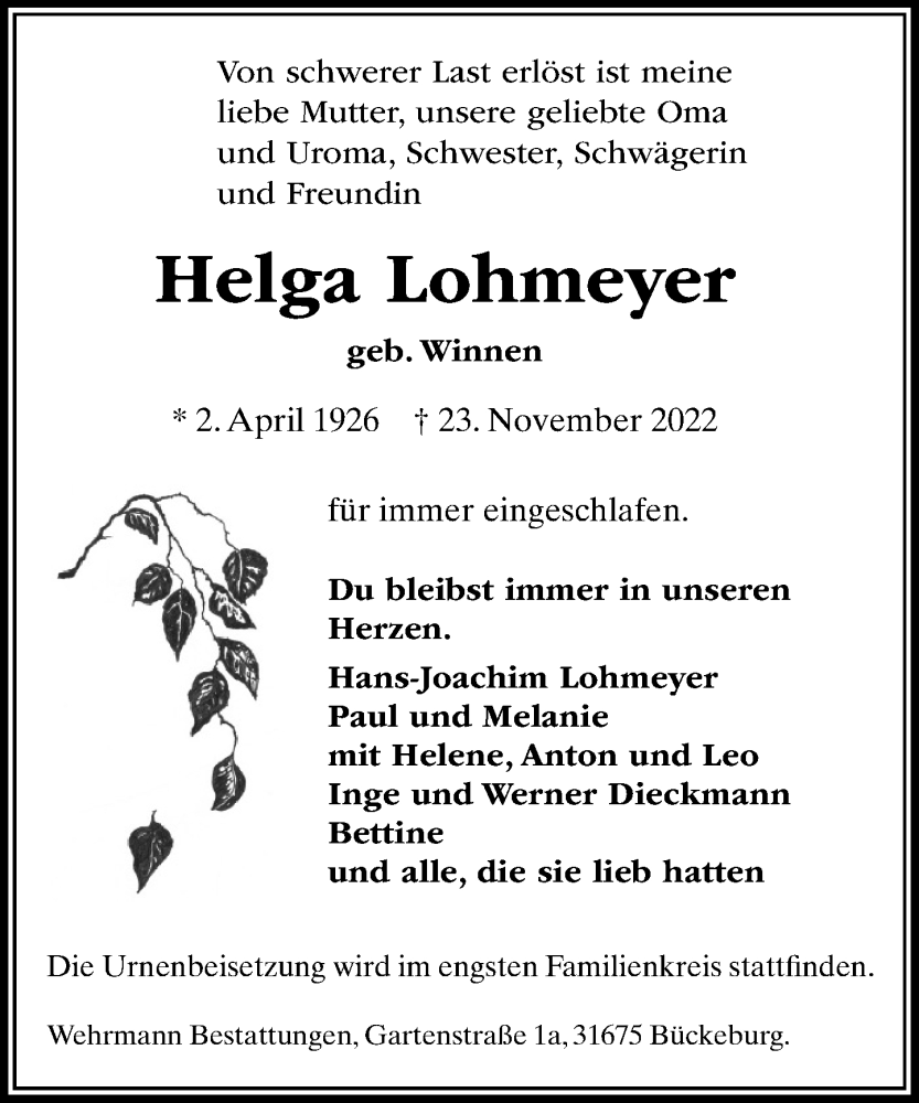  Traueranzeige für Helga Lohmeyer vom 26.11.2022 aus Schaumburger Nachrichten