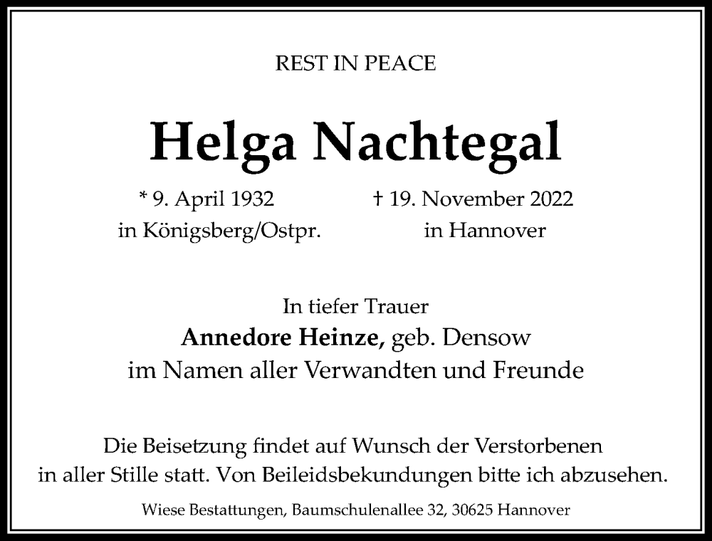  Traueranzeige für Helga Nachtegal vom 23.11.2022 aus Hannoversche Allgemeine Zeitung/Neue Presse