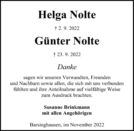 Traueranzeige von Helga Nolte von Hannoversche Allgemeine Zeitung/Neue Presse
