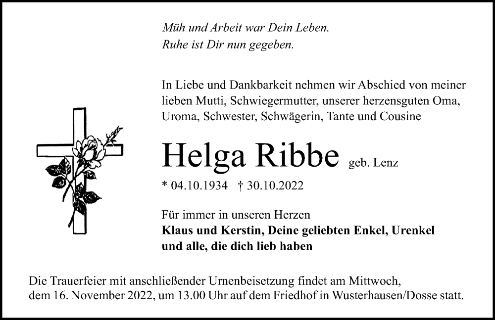  Traueranzeige für Helga Ribbe vom 05.11.2022 aus Märkischen Allgemeine Zeitung