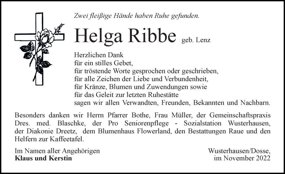  Traueranzeige für Helga Ribbe vom 26.11.2022 aus Märkischen Allgemeine Zeitung