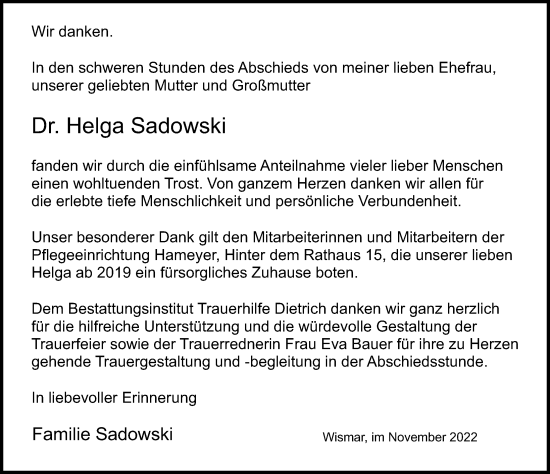Traueranzeige von Helga Sadowski von Ostsee-Zeitung GmbH